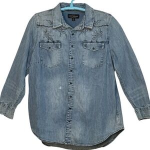 Lucky Brand Denim Shirt Womens Blue Embroidered Western Cowgirl Distressed 1X